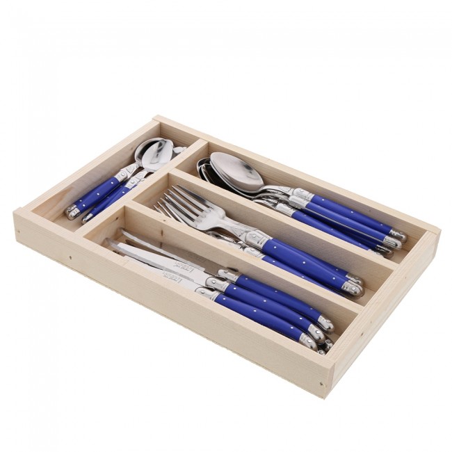Ménagère 24 pièces manche bleu en inox avec range couverts en bois- Laguiole - Jean Dubost