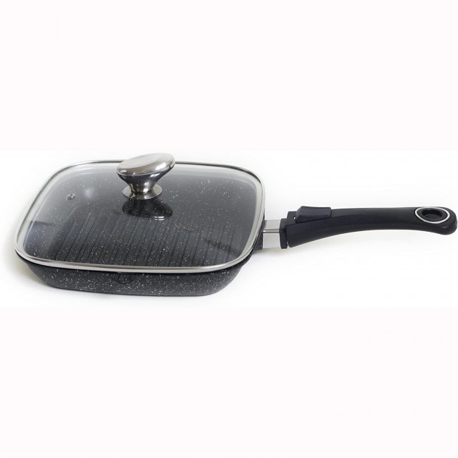 Poêle grill 24cm façon pierre avec couvercle en verre - en fonte d'aluminium - Premium - Pradel Excellence
