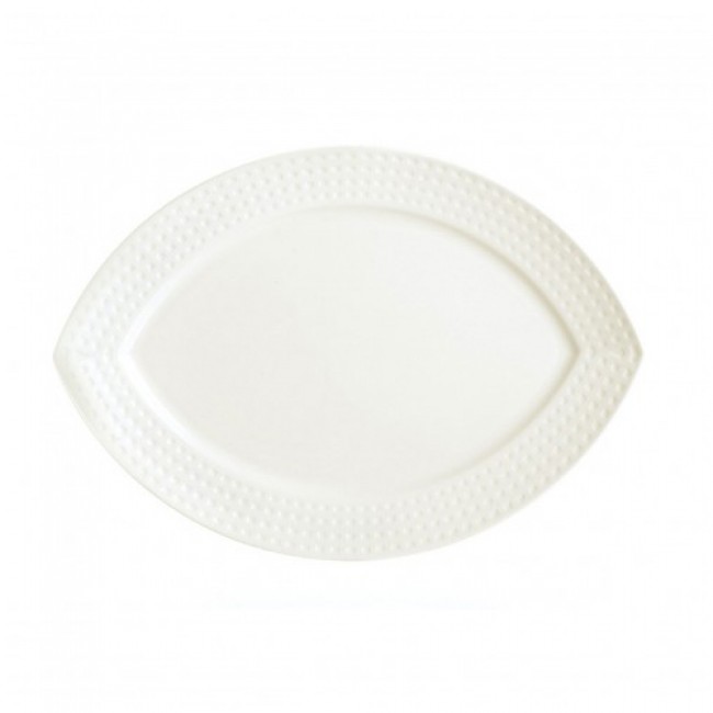 Assiette plate ovale 22,5 x 15cm en porcelaine blanche reliefs géométriques mini-carrés - Satinique - Chef & Sommelier