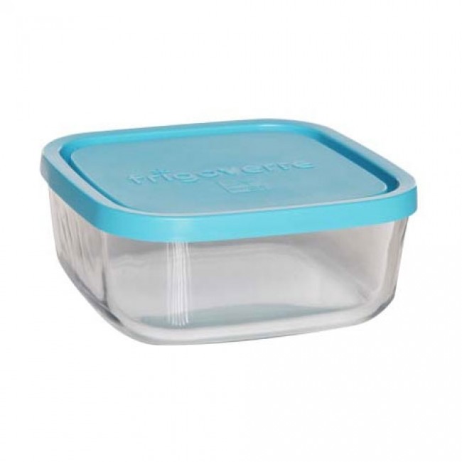 Boîte carrée en verre couvercle plastique bleu 15 x 15 cm - Frigoverre - Bormioli Rocco