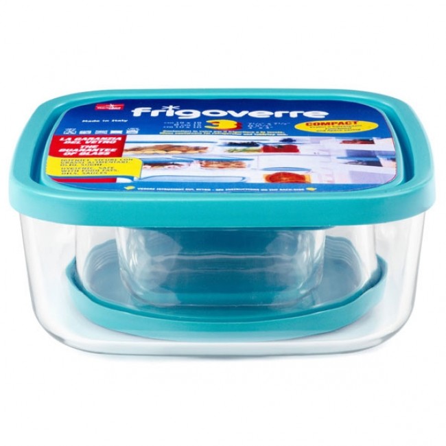 Boîtes de conservation carrée en verre couvercle plastique turquoise - Set de 3 - Frigoverre - Bormioli Rocco