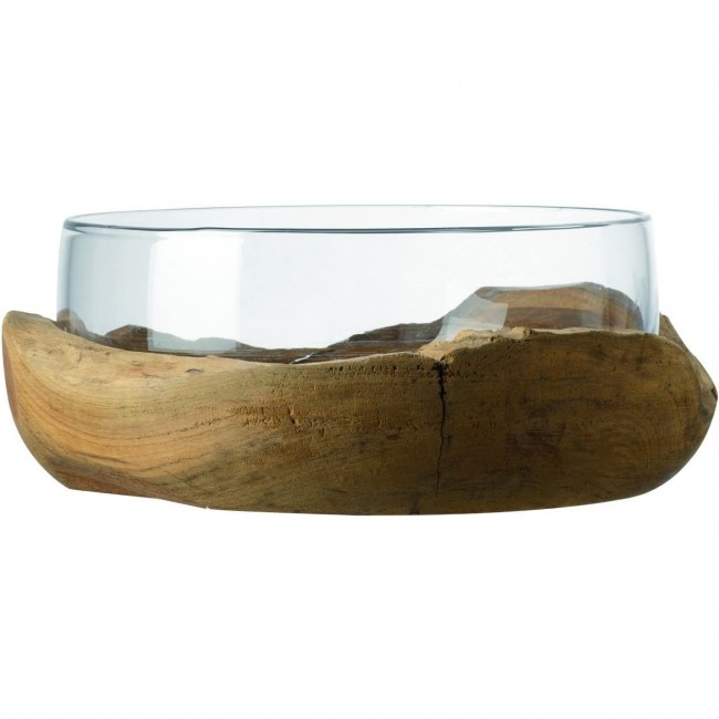 Bol en verre transparent socle en teck 28 x 28 x 11cm - Leornardo