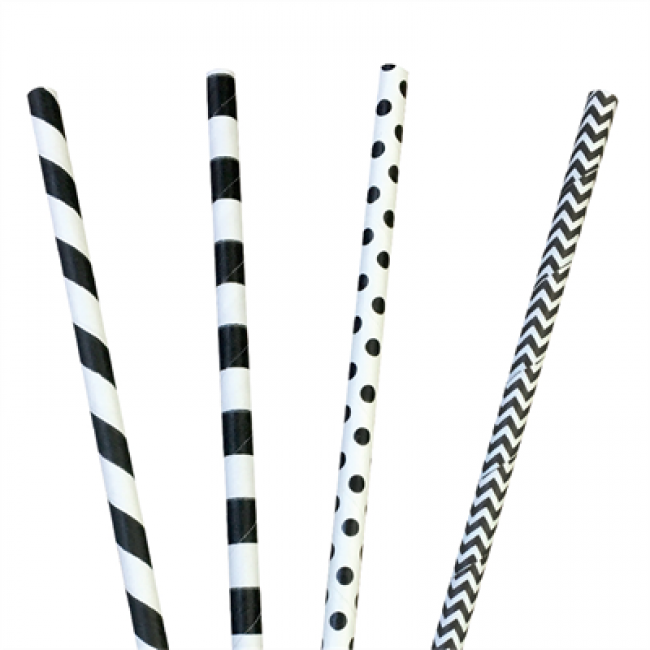 Paille en papier / chalumeau droite blanche avec rayures et à pois noires recyclable 0.6 x 20cm - Lot de 200 - Pailles - AZ boutique
