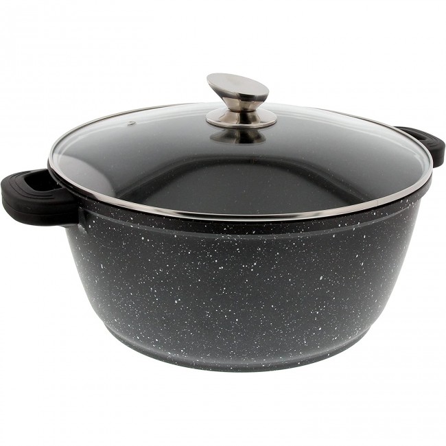 Faitout rond 32cm "façon pierre" fonte d'aluminium - couvercle verre - Premium - Pradel Excellence