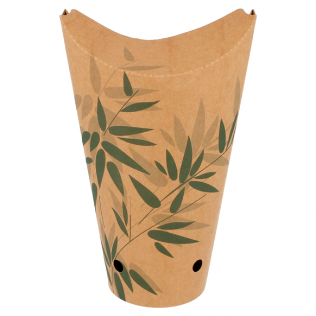 Gobelet à frites avec fermeture 660ml 8.5x18cm carton marron motifs feuilles vertes - Lot de 50 - Feel Green - AZ Boutique