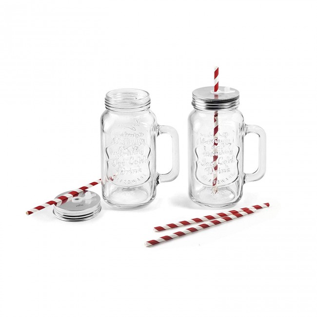 Lot de 2 pichets / bocaux verre trempé couvercle à vis + 4 pailles - Mix & Go - Lacor