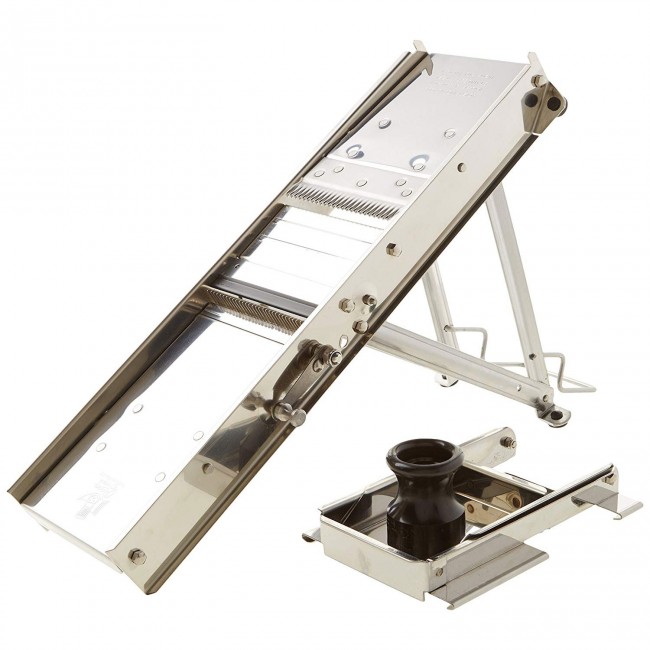 Mandoline inox professionnelle 38 lames + chariot protecteur et poignée plastique 42 x 15 x 4 cm - Mandolines - Bron Coucke
