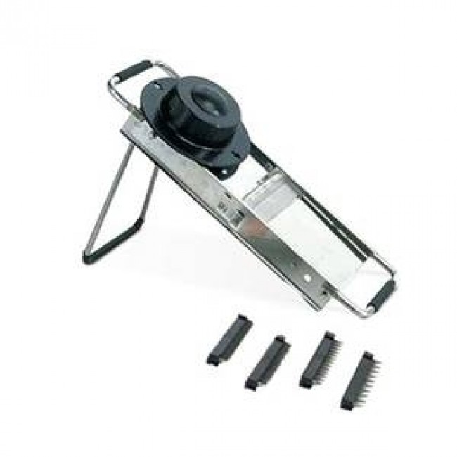 Mandoline inox professionnelle avec 4 blocs effileurs réversible et poussoir de sécurité plastique haute qualité 40 x 13.5 x 5.5 cm - Mandolines - Bron Coucke