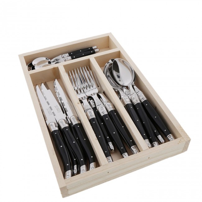 Ménagère 24 pièces manche noir en inox avec range couverts en bois - Laguiole - Jean Dubost