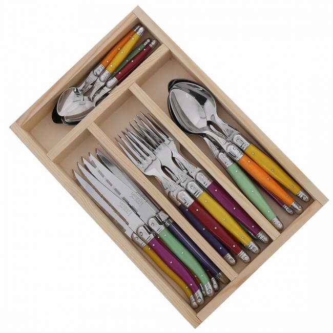 Ménagère 24 pièces multicolore en inox - Range couverts en bois - Laguiole - Jean Dubost