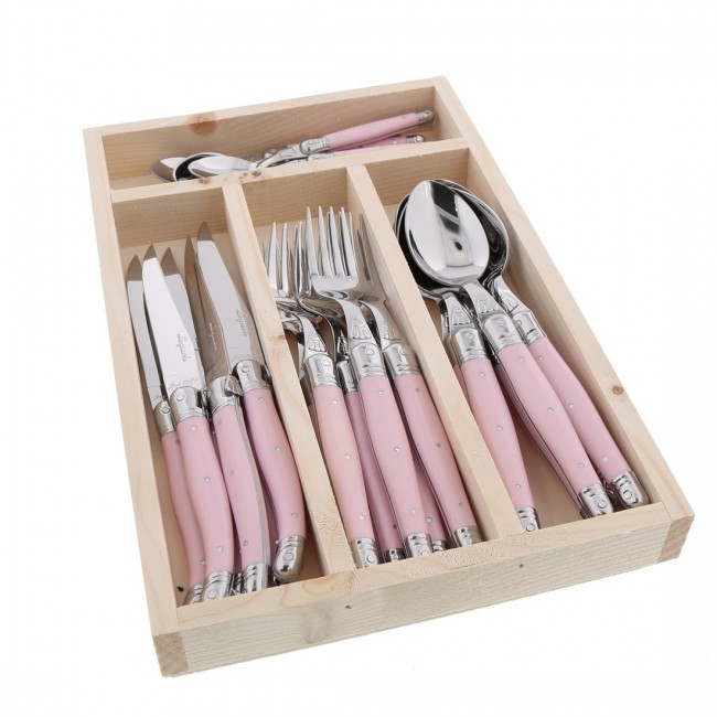 Ménagère 24 pièces rose en inox  avec range couverts en bois - Laguiole - Jean Dubost