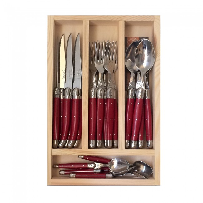Ménagère 24 pièces rouge en inox - Range couverts en bois Laguiole Jean Dubost