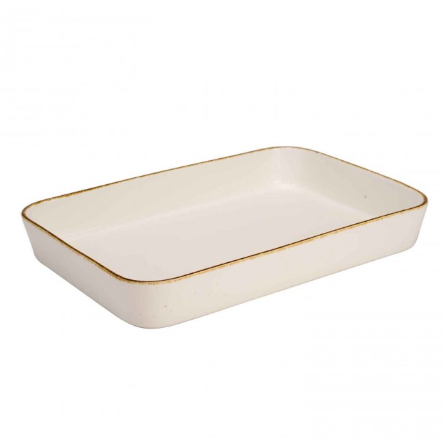 Plat à gratin rectangulaire porcelaine blanc bord marron 35.5 x 24.5 x 5 cm - Brisbane - Cosy & Trendy