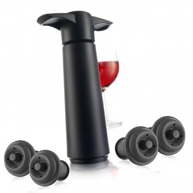 Coffret pompe à vide noire + 4 bouchons - Accessoires vin - Vacu Vin