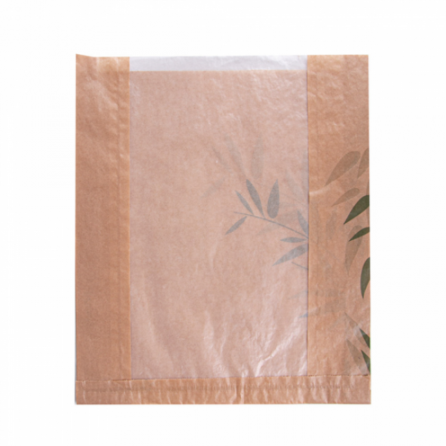 Sachet pain avec fenêtre classic 32g/m² 26x4x30cm kraft marron motifs feuilles vertes - Lot de 250 - Feel Green - AZ Boutique