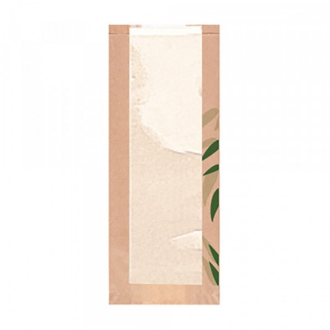 Sachet pain avec fênetre classic 32g/m² 14x4x35cm kraft marron motifs feuilles vertes - Lot de 500 - Feel Green - AZ Boutique