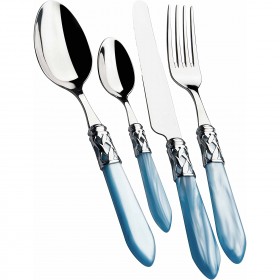 Ménagère 24 pièces acier inoxydable 18/10 anneau chromé - manche bleu clair effet nacré