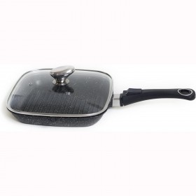 Poêle grill 24 x 24cm façon pierre avec couvercle en verre - en fonte d'aluminium