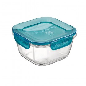 Boîte hermétique carrée en verre couvercle plastique bleu 14 x 14 x 8cm