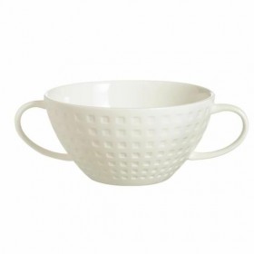 Bol à bouillon avec anses 30cl en porcelaine blanche reliefs géométriques mini-carrés