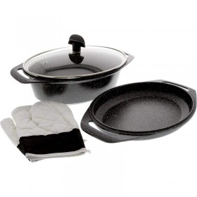 Cocotte ovale 3,8 L façon pierre fonte d'aluminium - Set 3 pièces