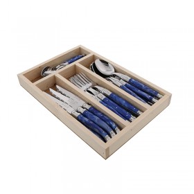 Ménagère 24 pièces inox manche bleu marbré avec range couverts en bois - Laguiole - Jean Dubost