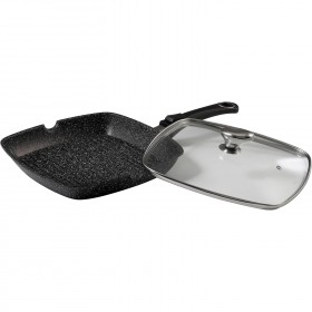 Poêle grill 28 x 28cm façon pierre fonte d'aluminium - Couvercle verre