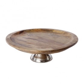 Présentoir à gâteaux rond bois sur pied aluminium 1 niveau 40 x 13 cm