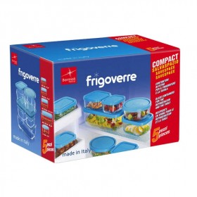 Set de 5 boîtes en verre couvercles plastiques bleus - 3 rectangulaires, 1 carrée, 1 ronde