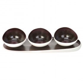 Set apéro 3 coupelles + 1 plateau porcelaine blanc/aubergine