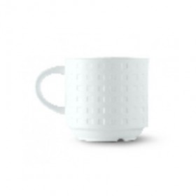 Tasse à café empilable 18cl avec anse en porcelaine blanche reliefs géométriques mini-carrés