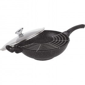 Wok 32cm "façon pierre" fonte d'aluminium - couvercle verre